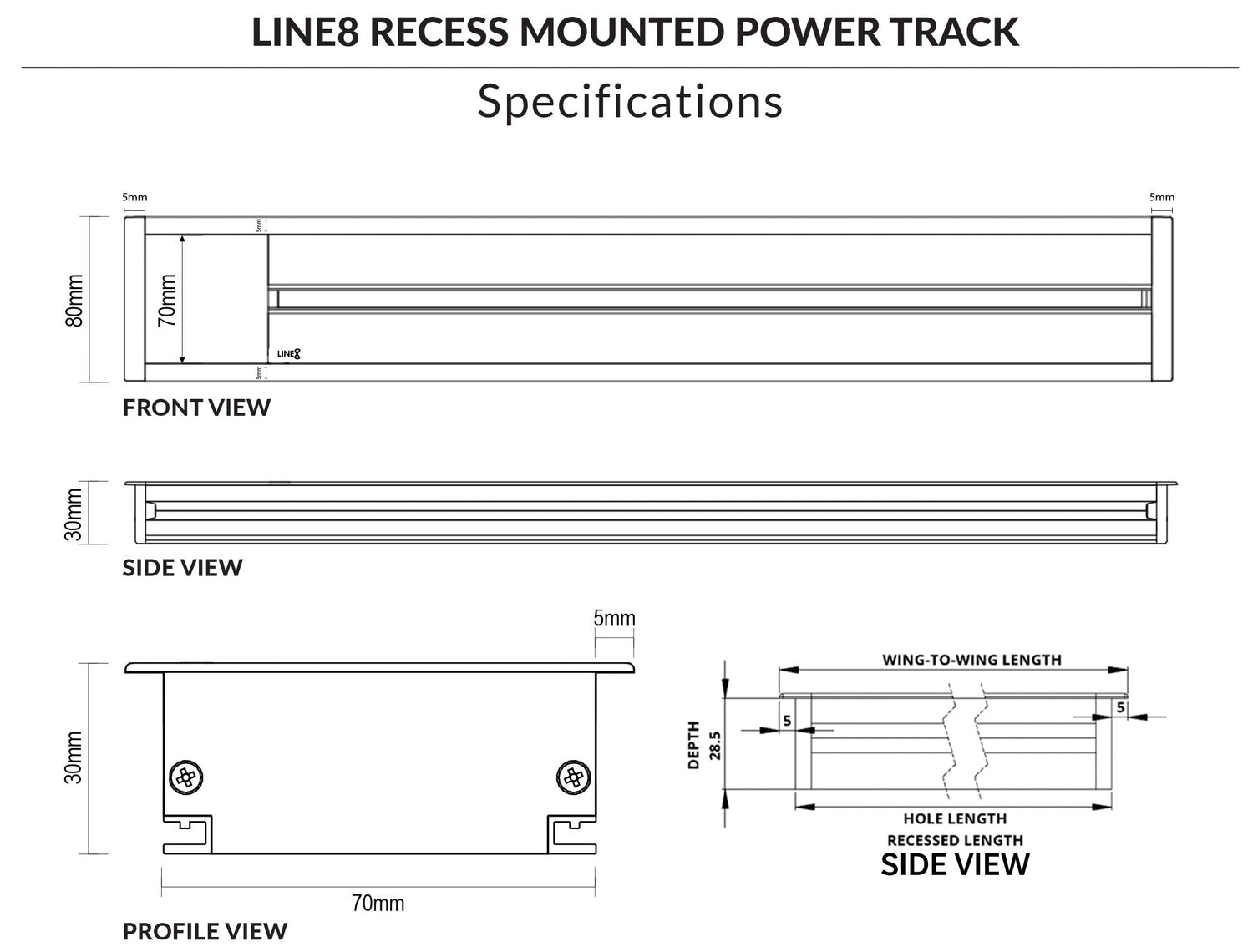Technical specifications and dimensions of Line 8 recess-mounted power track.